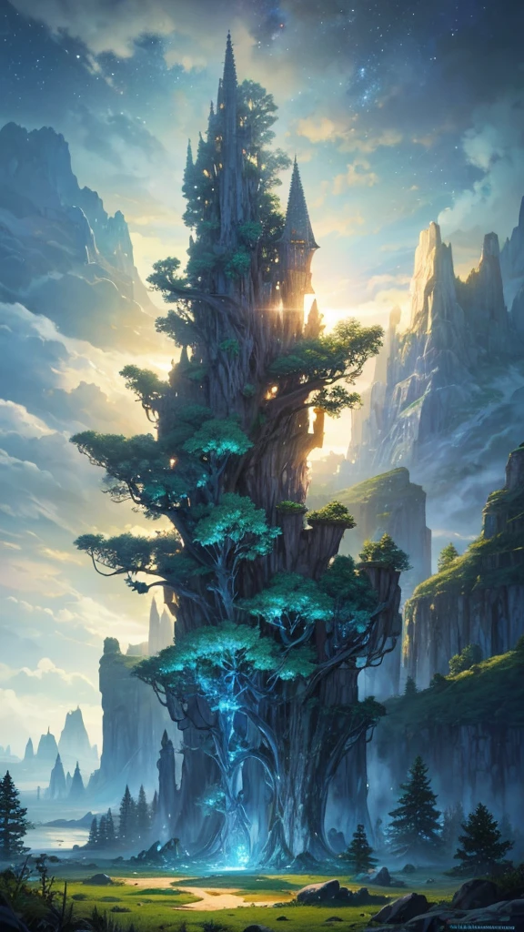Illustration of a hyperrealistic , otherworldly, ultrasky scene featuring a giant crystal tree full body,very detailed and magical lighting, intricate forest details, vegetation and river around, solarpunk ,landscape, giant tree, beatifull leafy with beautiful lighting and realistic proportions, as if it were a cinematic background, 8k, highest quality, masterpiece, clouds and stars in the sky.