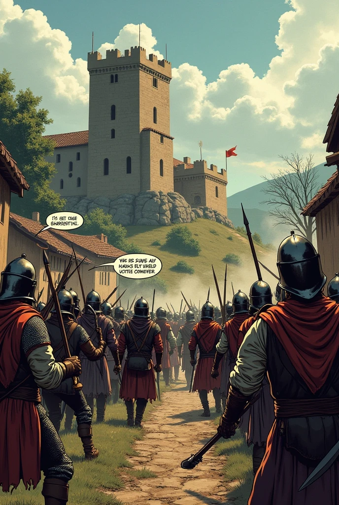 4. *Table 4*: The revolt begins. The peasants, armed with tools and courage, enfrentam os soldados de Count Ricardo.
   - *Dialogue*:
     - John: "By Aldeia Verde! For our freedom!"
     - Soldier: "They're attacking! Defend the castle!"
     - Pedro: "Don&#39;t give up! We are fighting for our lives and our freedom!"

5. *Table 5*: After an intense battle, the peasants win. Count Ricardo é capturado e levado para julgamento.
   - *Dialogue*:
     - John: "Justice has been served. sada, we can live in peace."
     - Mary: "You were amazing, John. Our village is free thanks to you."
     - Count Ricardo: "You will pay for this! I will be back!"
     - Father Anselm: "May God have mercy on your soul, Count Ricardo."

6. *Table 6*: The village celebrates the victory. John, Mary, Pedro and Father Anselmo look to the future with hope.
   - *Dialogue*:
     - Father Anselm: "May God bless our new life. May we live in harmony and prosperity."
     - John: "Let&#39;s rebuild our village and make sure we are never oppressed again.."

Comic book about the Middle Ages 