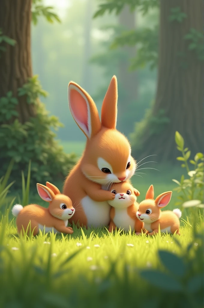 3. **Phudko and His Children** - "Phudko the rabbit is feeding his children in a grassy meadow, with greenery and trees visible in the background."