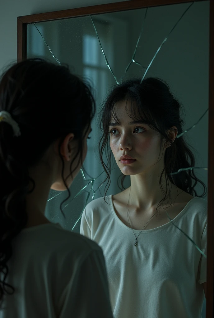 woman looking at herself in the broken mirror sad