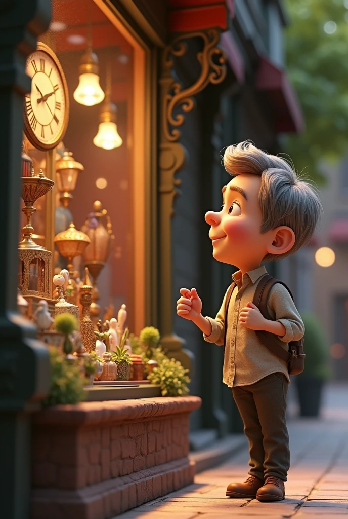 A man looking at the window of a small antique shop 3d animation Disney pixar