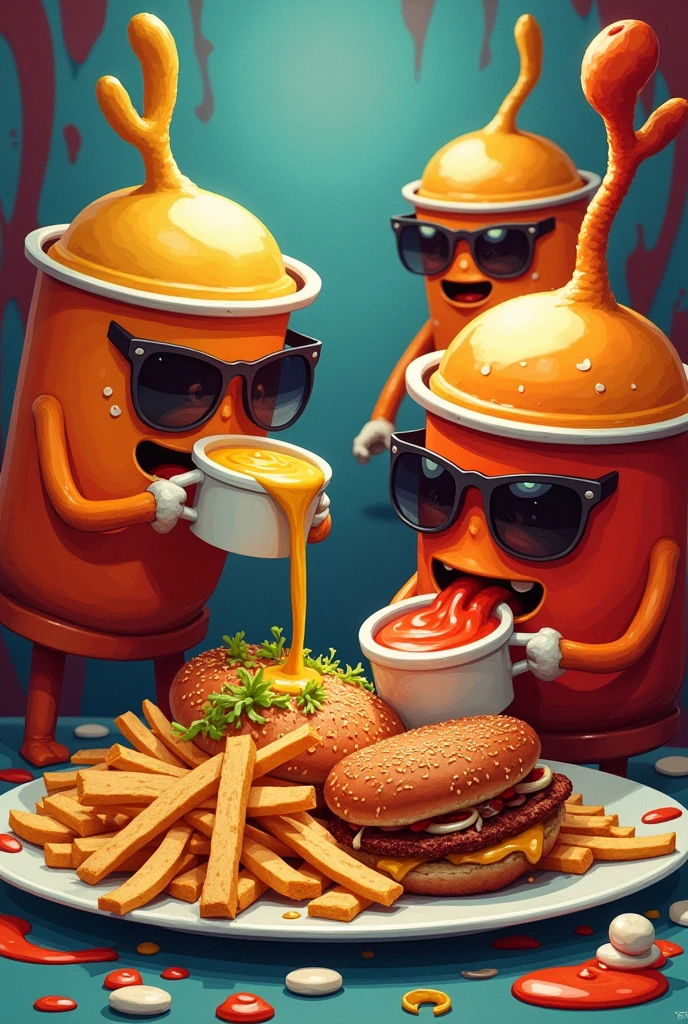 Pots of sauces eating junk food 
