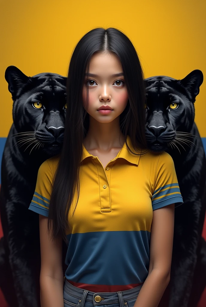 A girl with white skin and long straight black hair without bangs with honey-colored eyes and a polo shirt in the color of the country Colombia and black panthers on each side of the girl, full image and the Colombian flag in the background 
