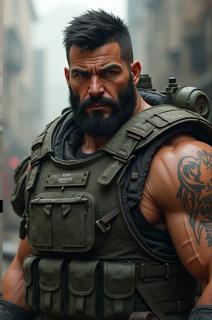 A tall man, chunky, with sculpted muscles, deep scars, black hair, kept short,, and his stubble adds a hardened look, eyes browns,He wears tactical armor, but simple, preferring agility and functionality over appearance.