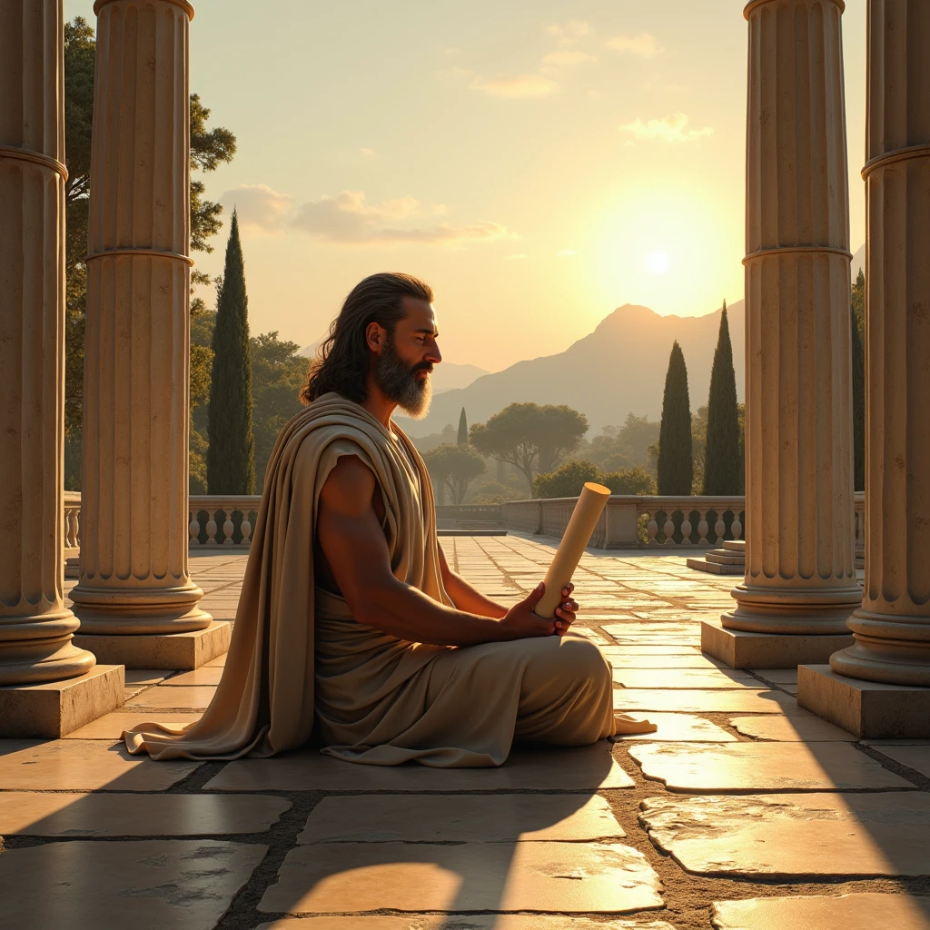 mpt: "A stoic sage sitting in an ancient Roman square, surrounded by time-worn marble columns. He is meditating in silence, with a serene and concentrated expression, as the setting sun casts long golden shadows across the landscape. The sage wears a simple toga and holds a rolled up parchment in one hand., symbolizing wisdom and knowledge. Ao fundo, there are scattered cypress trees and the mountainous horizon. The atmosphere conveys inner peace and resilience in the face of adversity."