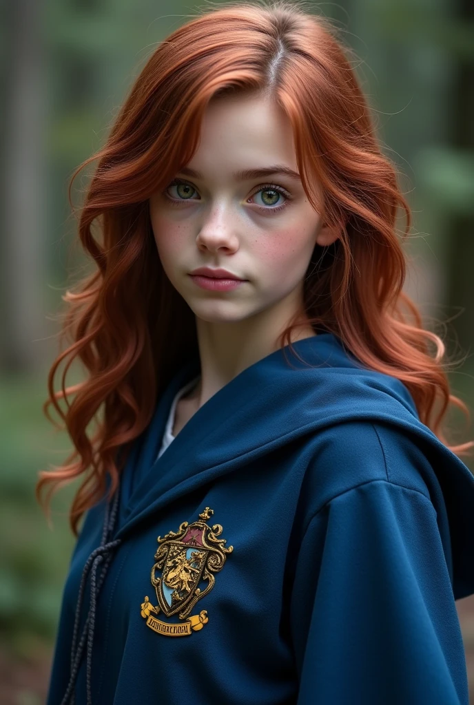 Create a character for a Harry Potter RPG that I participate in with the following characteristics: Hermione Granger inspired  girl with medium length dark magenta reddish brown hair; with eyes that vary between green, gray and light brown; fair skin and blue Ravenclaw witch robes