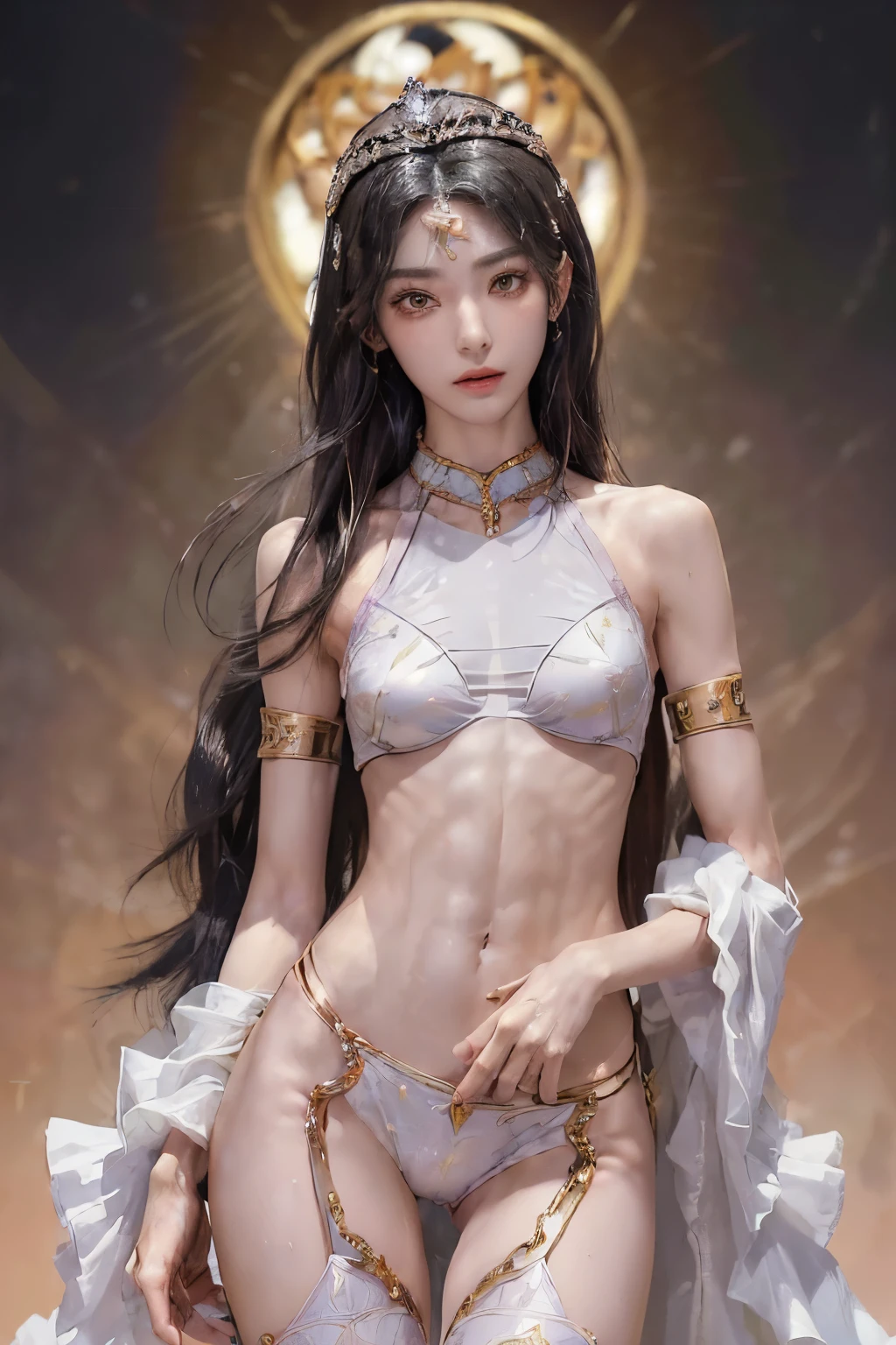 ((highest quality)), ((masterpiece)), (detailed), (Tabletop:1.0), (highest quality:1.4), (High resolution:1.2), (Realistic:1.4),8k, RAW Photos:1.2,All Focus:1.2, (Beautiful symmetrical detailed eyelids:1.2),(Beautiful smile in detail that shows off your beautiful teeth:1.3),(A cute detailed perfect beautiful idol face:1.23,ulzzang makeup,Symmetrical single eyelids and black eyes:1.2),Thin and slightly thin eyebrows, ((Beautiful black hair:1.3,A glittering golden crown:1.4)),(Beautiful white detailed skin:1.2),(((The background is spacious and luxurious mosque:1.3,Middle Eastern Temple:1.4))),(((Tall Japanese beautiful female athletes:1.22))),(((Muscular and slender model body:1.85))),(((Fine abdominal muscles:1.68))),(Muscular limbs and slim thighs:1.3),(((Ultra-tight and very short vivid 緑 multicolored flashy track and field uniforms:1.23,Oriental 緑 pattern:1.3,Thin gown:1.2))),(Groin and hip bones visible:1.3),(Small Ass:1.3)),((Very thin thighs:1.7)),(((very Quite small breasts:1.8))),(((Oriental design hghi-leg athletics bloomers:1.3))),(A beautiful, singular navel:1.3),((Random Pause:1.2,Cowboy shot from the front:1.3,Central composition showing abs from the front:1.3, looking at me:1.3)),(((Track and field uniforms with very flashy designs and colors:1.3))),((They both have very small breasts:1.8)),They both have fine abdominal muscles:1.7)),((cameltoe:1.37))