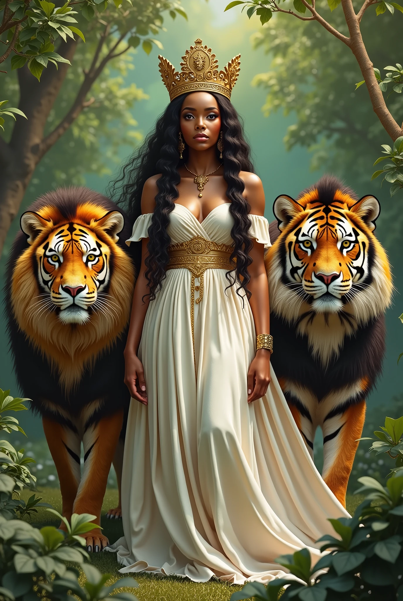 Ethiopian Queen Saba, her skin is more light, her outfit like white cotton dress, her crown like king Solomon, full body, lion and tiger, garden,guard.