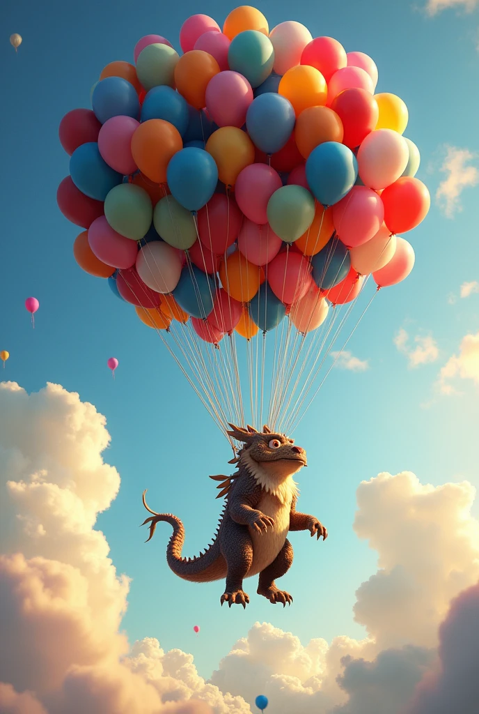 **a thousands of balloons are pulling a mythalogical creature up into the sky, dramatic perspacetive, up-lifting, and hopefuly, in the style of Pixar movie "UP" --ar 16:9 --s 750 --v 6.1** -