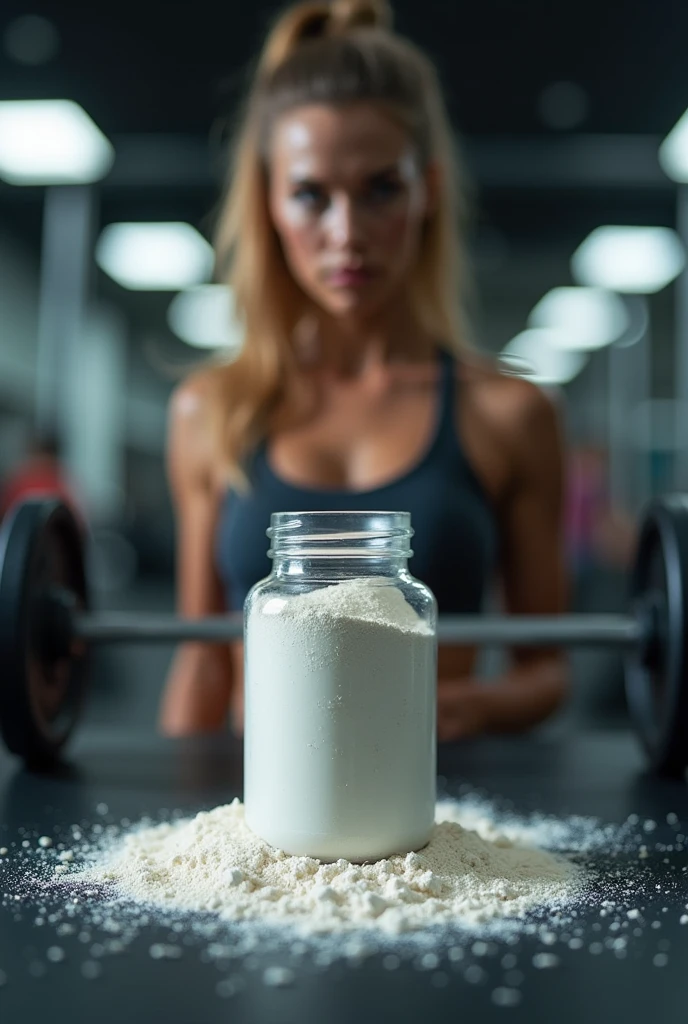 small supplement jar on top of bodybuilding equipment with white powder spilled on the side with a strong woman behind in a gym with blurred image