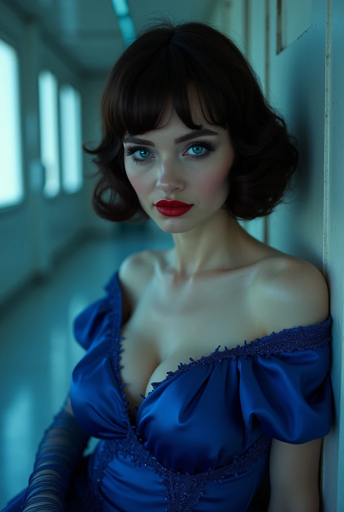 A close-up of a sensual, evil-smiling seduction scene in A Bewitching: A glamorous female singer with overwhelming beauty and heavy makeup, wearing her stage costume of a Royal Blue satin off-shoulder dress with glitter, suddenly appears from the shadows of an unoccupied, eerily bright ship's corridor and seductively beckons a lost man. The man succumbs to his carnal desires and gives in to the temptation, losing himself in the pursuit of the woman's voluptuous buttocks as he is led along. The woman, who entered the elevator first, urges him to enter, saying that they will do something naughty inside, when the elevator is broken, and in fact the entire bottom panel has fallen out, revealing an abyss inside the shaft. She is a lost evil spirit who lures the living to death. Demonic, evil and lascivious grin showing teeth and oral, head tilted back, seductive gaze, looking at the viewer, front, pov, focus on woman, bust shot, bright and strong overall lighting, brunette with short permed hair, reflective blue eyes, shining red lips that look wet, aesthetic, glamorous, soft and curvy, bodycon, pale skin, neck, collarbone, shoulders, full upper chest, deep cleavage, saggy huge breasts, Pearl White long gloves, seductive pose using both hands