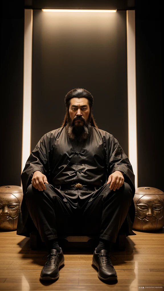 Confucius, is sitting. The face and body are clearly visible, you can see all the details, everything is clear and proportional,  he teaches, futuristic chinese style background , light and bright tones 