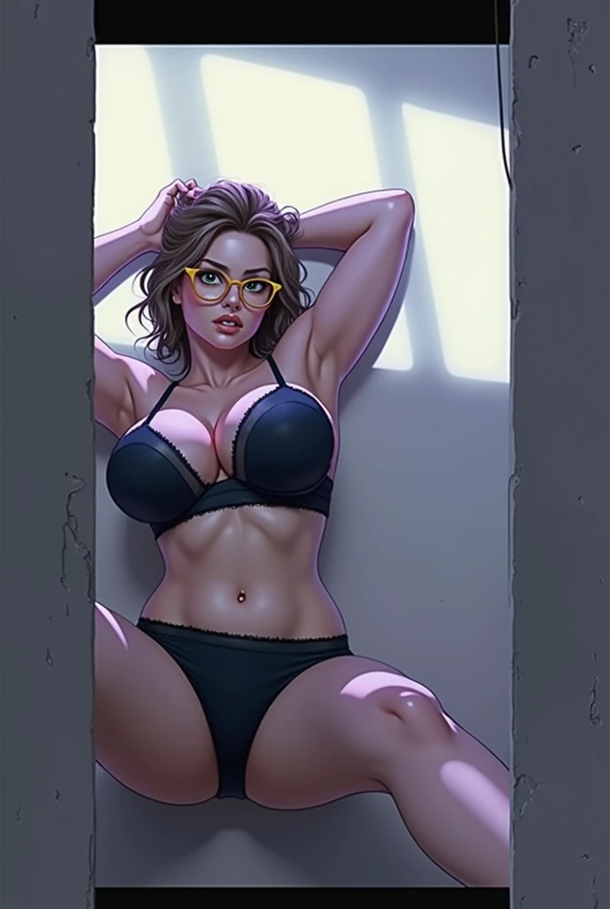 (((Your genitals are full of flesh, her panties are digging into her pubic cleft, and her genitals are swollen,camel toe camel toe(0.1)))),(in 8K, highest quallity, Artwork:1.2), (realisitic, realisitic:1.37),((She is facing forward and looking at me)),very detailled,The background is all gray walls ,1 person, 1 woman, Light brown bun hair, ((Your hairstyle is super long straight hair))), (Look at the viewer from below, wearing round glasses with golden temples and green eyes),facing forward , she is tired(She has a scary facial expression while looking angrily at the viewer),The woman is squatting with her legs open. ,Well-proportioned and beautiful figure,Body beauty a little fat,She puts her hands behind her head ,Show a beautiful body、(lingerie that is two sizes too small and doesn't fit her body.),(As a basic premise, underwear is made of Seamless fabric and is see-through.,High exposure lingerie),SSSexy navy blue transparent small cup bra,The panty is 3 sizes smaller than the body size SSWearing size content is:Navy blue T-back without fabric cord,The front part(seamless fabric)Nylon made, transparent, and digging in the pussy.((A transparent cameltoe showing the swollen pubic area and pubic hair(0.1)))Ultra thin nylon, transparent, Super high cut, pointedV,Sexy stockings with 4-strap dark blue garter belt worn in black, extremely thick thighs, soft arms medium breasts and very large butt, any extremely transparent cloth in her garments