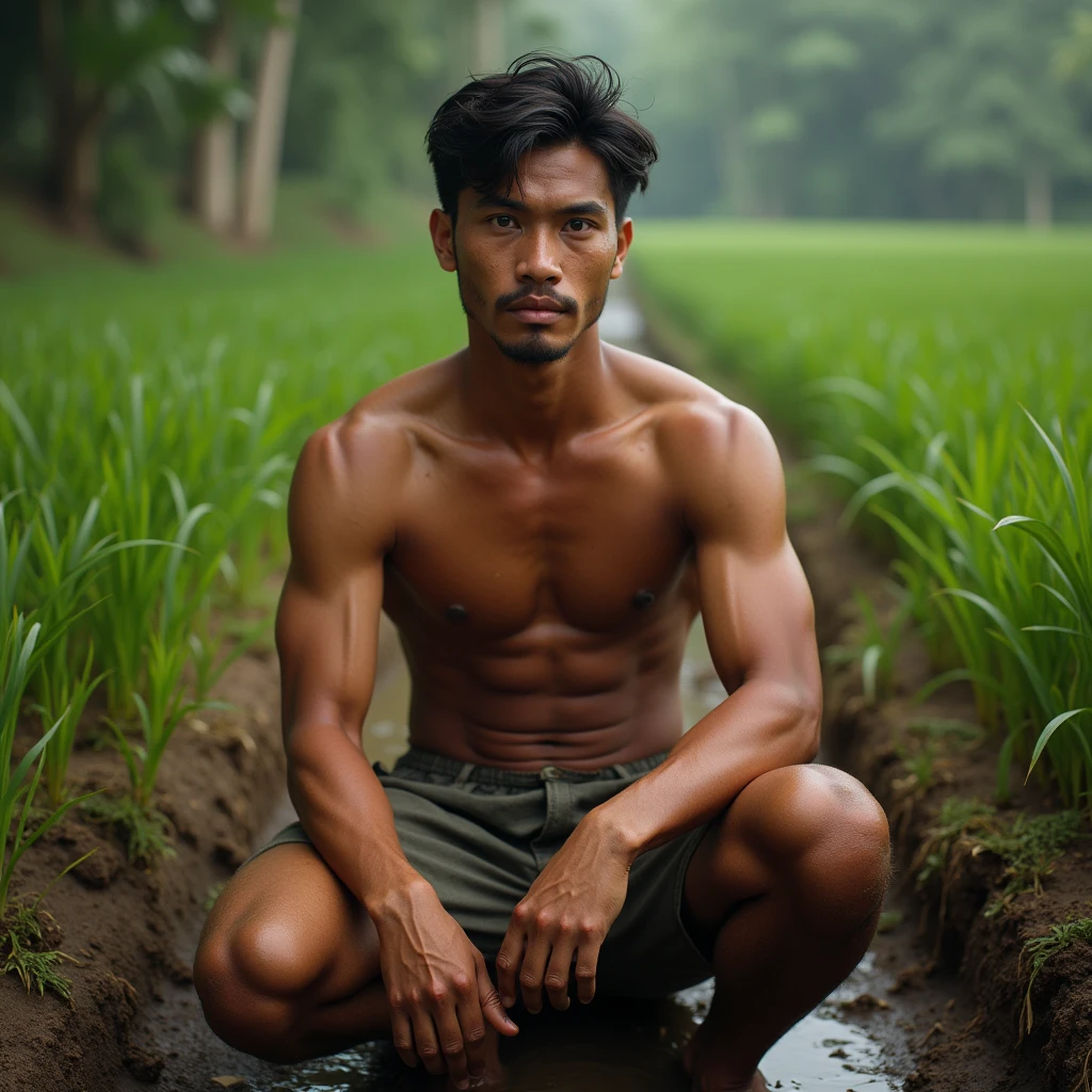 Hyper realistic, Masterpiece, detailed, 8k, a handsome young indonesian man, tanned skin, shirtless, shortpants, sitting, mudy ricefields, dirty body, sweat