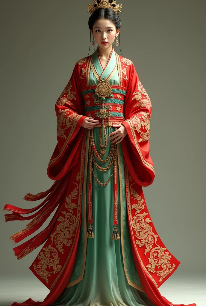 Inside was a jade gauze dress with red edges at the collar, sleeves, and lapels.
On the outside, she wore a red robe with gold embroidery and dragon patterns.
From the front, a piece of greenish-red silk was tied around her body and covered her knees. At the back, there was a large ribbon that was decorated with golden dragon patterns.
There was a large belt, a secondary belt, and a jade leather belt around her waist.
Jade pendants, small ribbons, big ribbons, and so on were tied to the third belt.