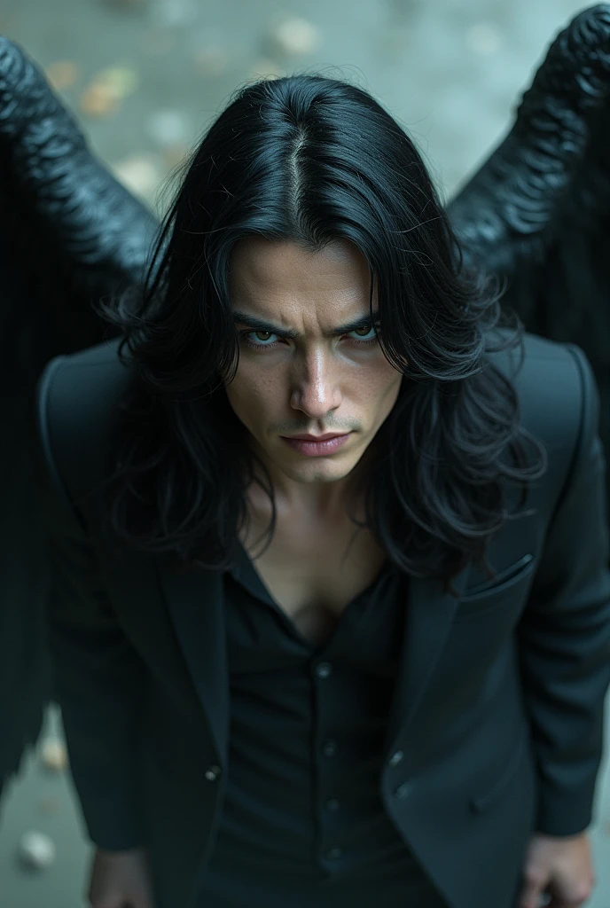 a male fallen angel,Very handsome evil face,long black hair,top down view,The momentum of dominating the world,myth,legend,flight,whole body,High resolution,Super sharp,8k,masterpiece