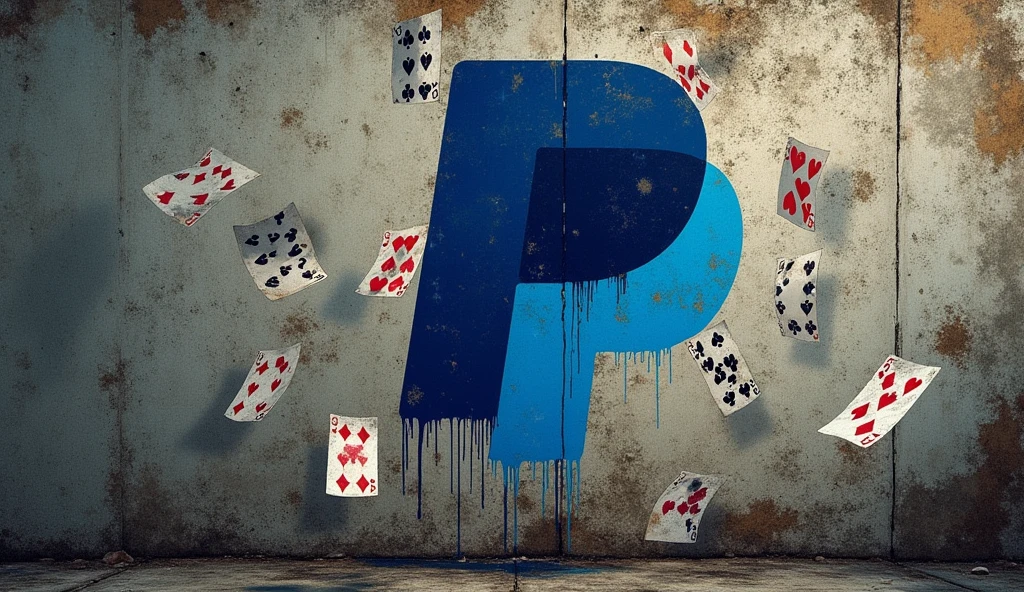 Dirty and toxic PayPal logo on a wall with playing cards flying around