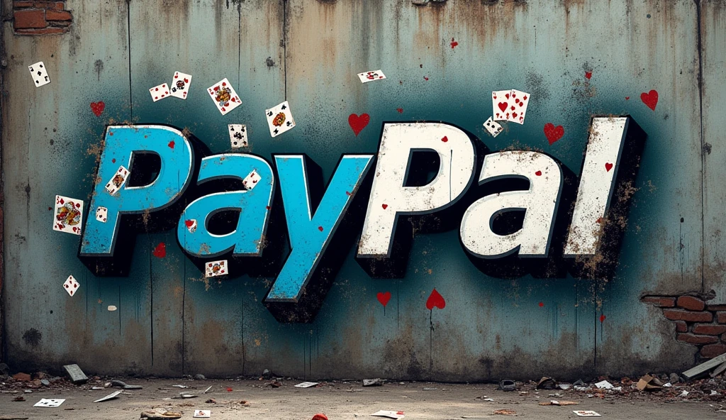 Dirty and toxic PayPal logo on a wall with playing cards flying around