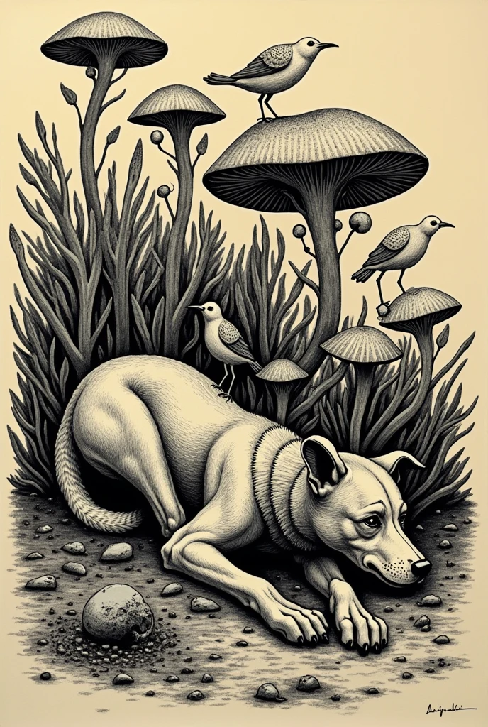 woodcut of a dog lying on its side with a human face, fungi sprouting from the dog and birds coming out of the human head