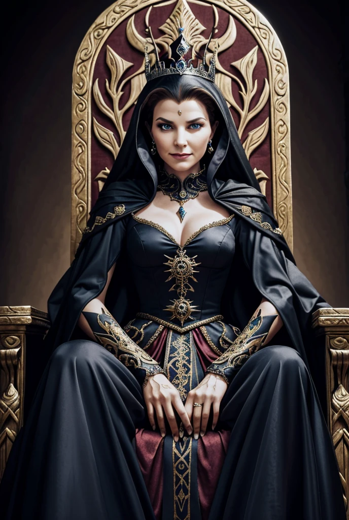 An evil queen woman sitting on a throne in the center of a village, near the throne the unusual looking inhabitants of the village, the woman is facing the camera with a sinister and mysterious smile,High Resolution, surreal inhabitants, , High Resolution, Anatomically Correct, Best Quality, Super Detailed, From Above