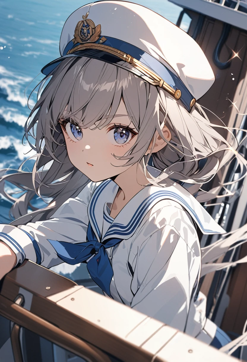 Russian girl on a ship at sea, clothes white sailor suit, white hat