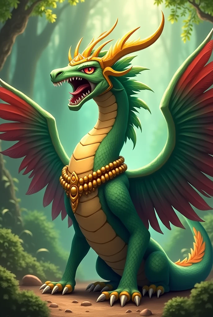 an animal with pokemon style, snake with feathers in its skin, with tribu decoration, god vibes, green, in a tribu, angry, with gold in the head, a necklace or feathers in its neck, with wings with green and red, skinny, a snake that flies, more angry, big




