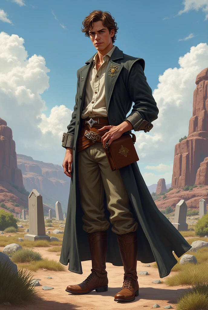He has short, slightly curly brown hair and is clean-shaven with a clean-shaven face. He has one arm behind his back. He wears a graveyard priest outfit with a brown belt that holds a Bible on his hip and leather boots under his pants. He always appears to be visually positive, but is very protective of those he loves. The character is intended to be styled in a fantasy RPG art style and set in the Old West.