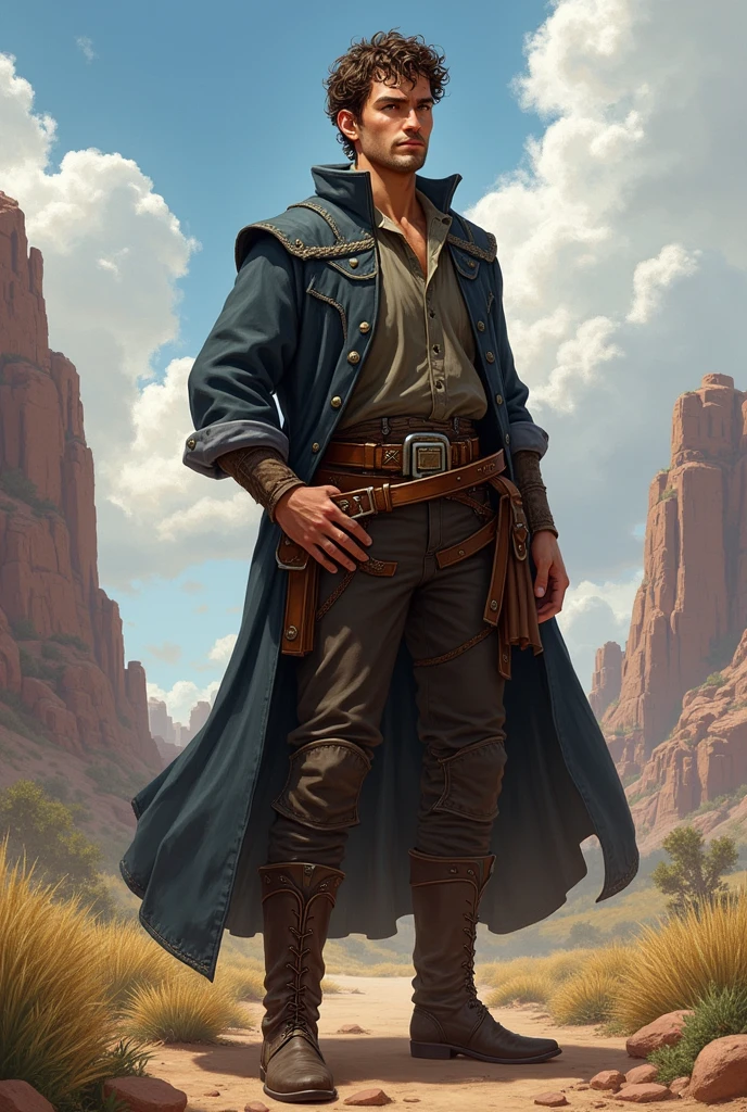 He has short, slightly curly brown hair and is clean-shaven with a clean-shaven face. He has one arm behind his back. He wears a graveyard priest outfit with a brown belt that holds a Bible on his hip and leather boots under his pants. He always appears to be visually positive, but is very protective of those he loves. The character is intended to be styled in a fantasy RPG art style and set in the Old West.