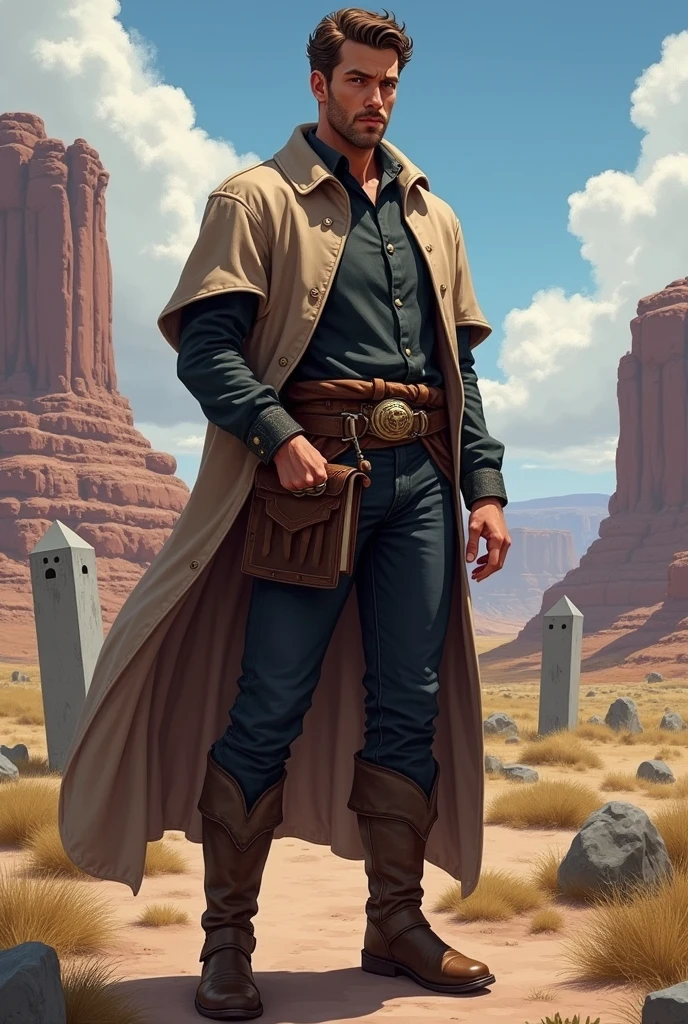 He has short, slightly curly brown hair and is clean-shaven with a clean-shaven face. He has one arm behind his back. He wears a graveyard priest outfit with a brown belt that holds a Bible on his hip and leather boots under his pants. He always appears to be visually positive, but is very protective of those he loves. The character is intended to be styled in a fantasy RPG art style and set in the Old West.