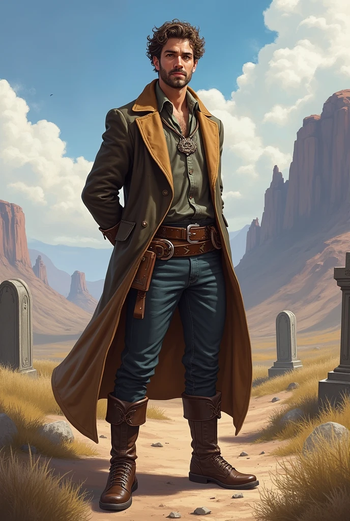 He has short, slightly curly brown hair and is clean-shaven with a clean-shaven face. He has one arm behind his back. He wears a graveyard priest outfit with a brown belt that holds a Bible on his hip and leather boots under his pants. He always appears to be visually positive, but is very protective of those he loves. The character is intended to be styled in a fantasy RPG art style and set in the Old West.
