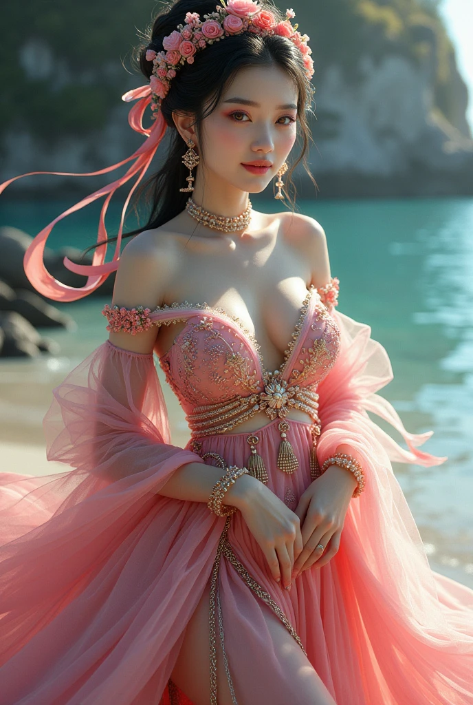 Chinese girl with coins gold , thick body, curvy body, curvy waist, big breast, white skin, gorgeous costumes embroidered with intricate embroidery, exposed breasts, flowing tulle, transparent long colorful ribbons tied on the arms, inspired by cinderella, showing navel, bare shoulders, bare neck, hair in a high bun with flower hairpins, ribbons on arm rings, wreaths, bracelets, anklets, high heels, metal chain tassels on the waist, Mogao Grottoes art, ink painting, cgstation pop, in the night beach, ((fullbody)), ((super realistic))