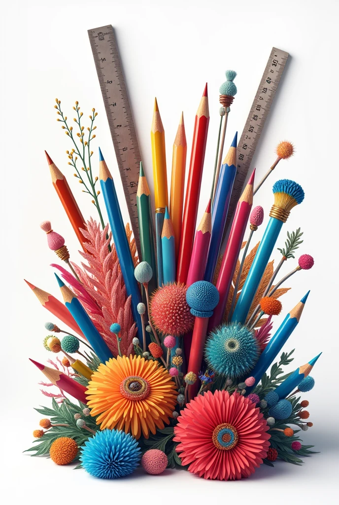 ((officially)) ((masterpiece)) ((Best quality)) ((detailed)) bright bouquet of pencils, tassels, Ruler, pens on a white background