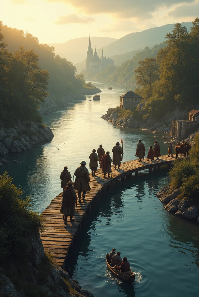 An image of people crossing a medieval river