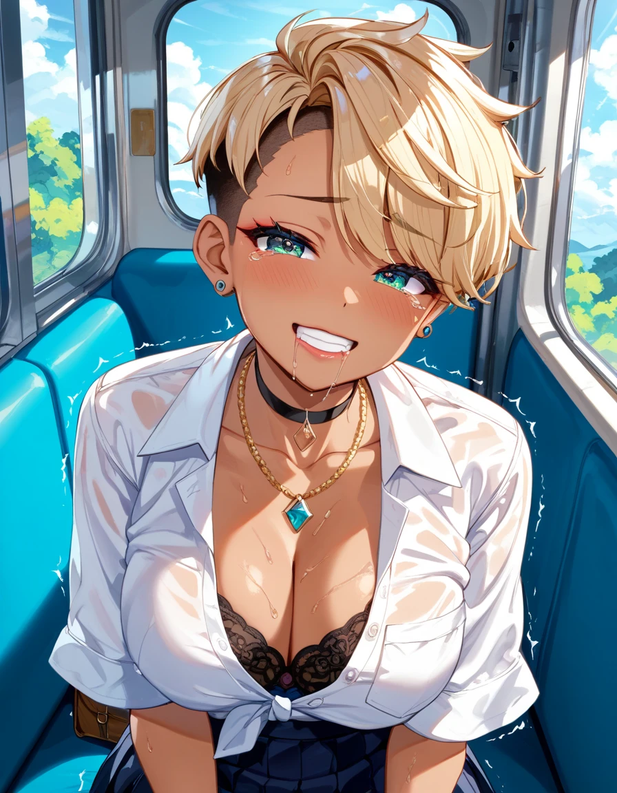 (Highest quality, 4K, 8k, High Resolution masterpiece:1.2), Very detailed, Picturesque, Anime-style photos, Photo Animation:1.37)、a beautiful girl、(Brunette Hair)、(pixie cut)、gyaru、tan、in the train、??????? face、trembling、Sweat、Drooling、crying、vapor、Black choker、pierce、necklace、bracelet、