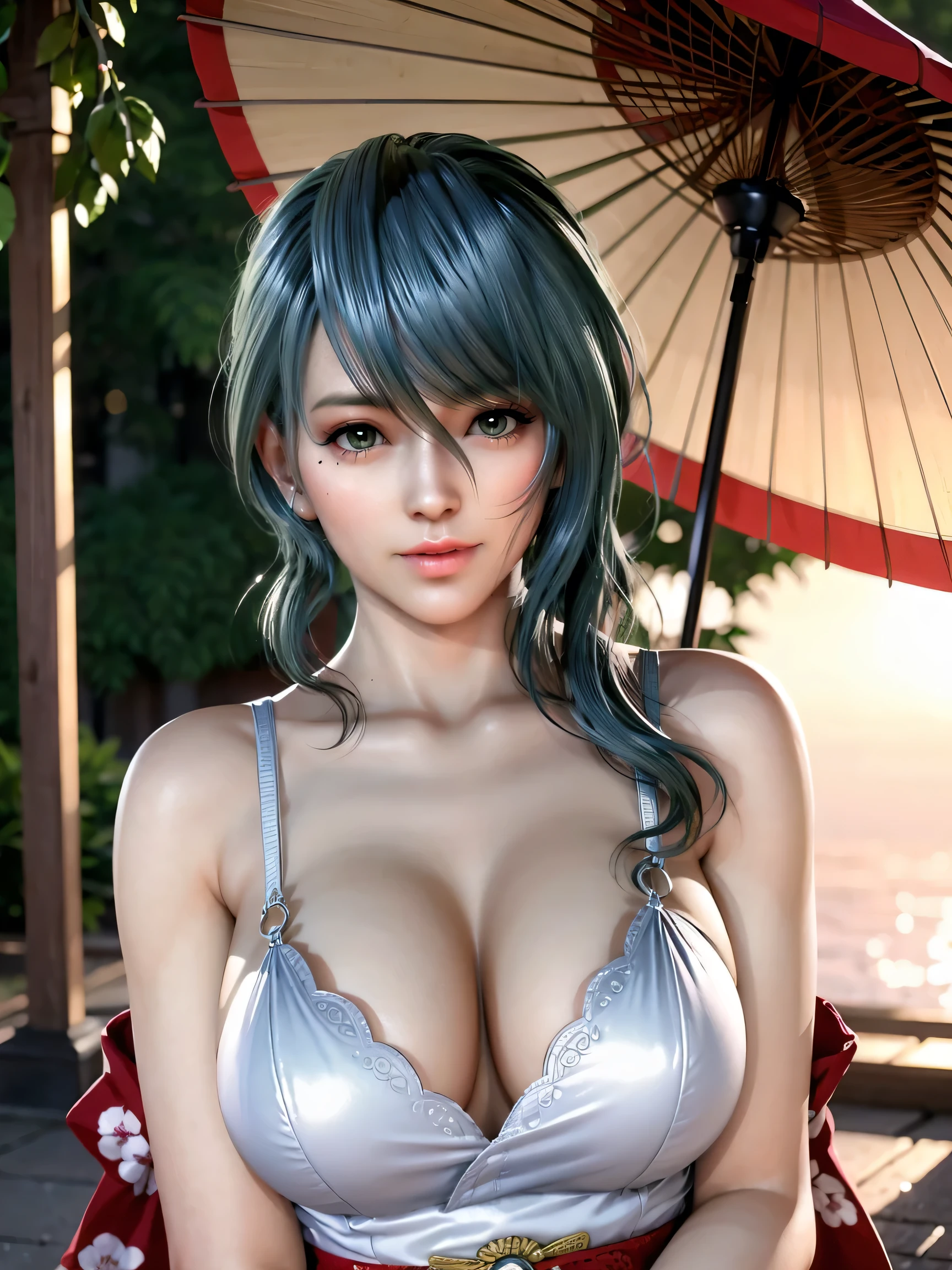 ,The road where rainy Cherry blooms, sunset rainy weather ,messy bangs, ,Japanese umbrella,masterpiece, best quality, high resolution, 4k, ultra high resolution, highly detailed, highly detailed, beautiful eyes, beautiful hair, beautiful side, beautiful skin,shiny skin,good hands,,curvy,large breats,tamaki,(Mole under left eye),Cosmic eyes