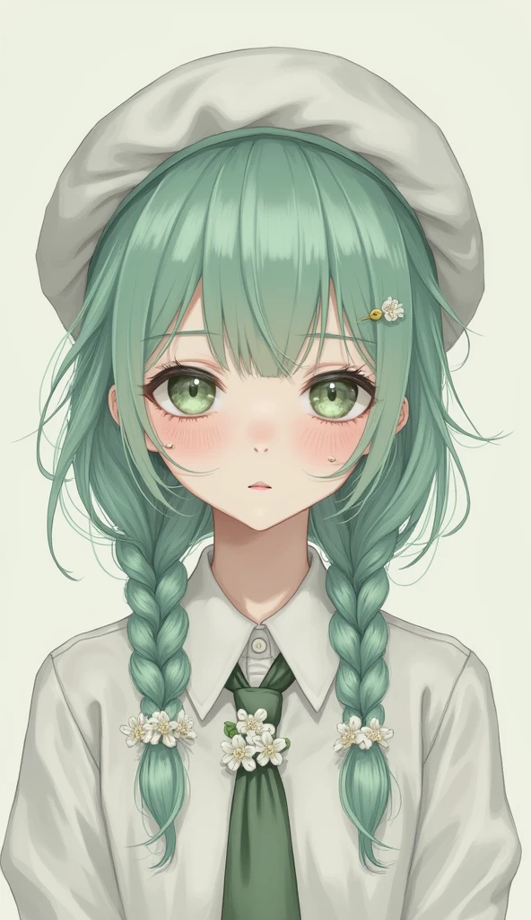 1girl, (bags under eyes:1.5), mint green hair, twin_braid, white beret, white shirt, flower necktie
