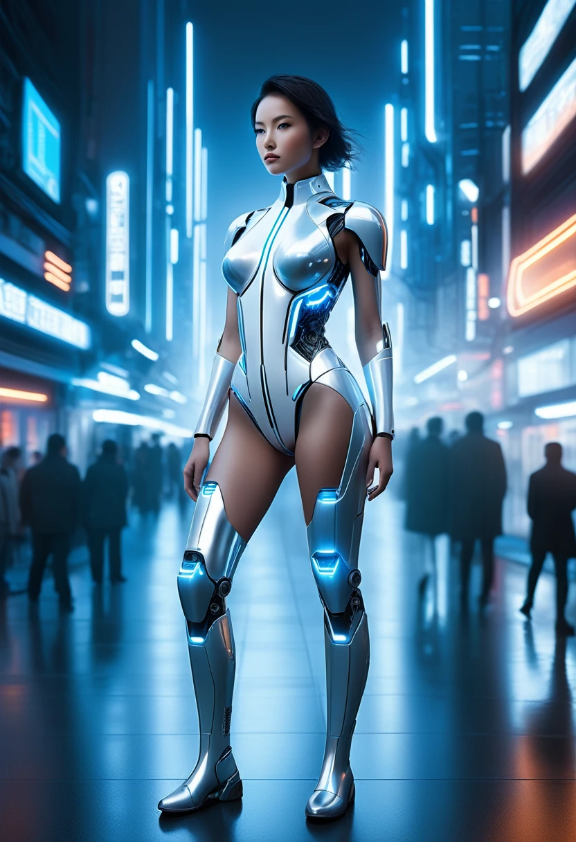 Here’s a detailed prompt for generating the image:

```json
{
  "prompt": "A high-level, hyperrealistic photograph of a futuristic young woman standing full-body. The image features a striking contrast between her two halves: one side is entirely human, with realistic, flawless skin and natural features, while the other half is a detailed, cybernetic or robotic form. The human side shows a sleek, futuristic outfit with a minimalist design, while the cybernetic side is composed of polished metal, glowing circuits, and mechanical components. The lighting is a blend of cool blue and white artificial light, casting an ethereal glow that enhances the contrast between the organic and the robotic elements. Her stance is strong and confident, with her human eye focused forward, while the robotic eye emits a soft, blue light. The background is a sleek, high-tech environment, with clean lines and a slightly blurred, futuristic cityscape, emphasizing the advanced, sci-fi atmosphere.",
  "size": "1024x1792"
}
```