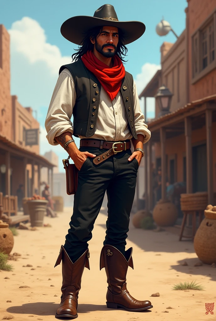 Create a full body art of a well-groomed adult Mexican street vendor with long, messy dark hair and a well-groomed mustache and goatee. He wears a dark vest and a plain white shirt. He wears a black hat. He wears black pants with a buckle and leather boots with spurs. A red scarf is wrapped around his neck and boots with spurs. and his hands are in his pockets. The character should be styled in a fantasy RPG art style, set in the Wild West. He is a mature man and finished art.