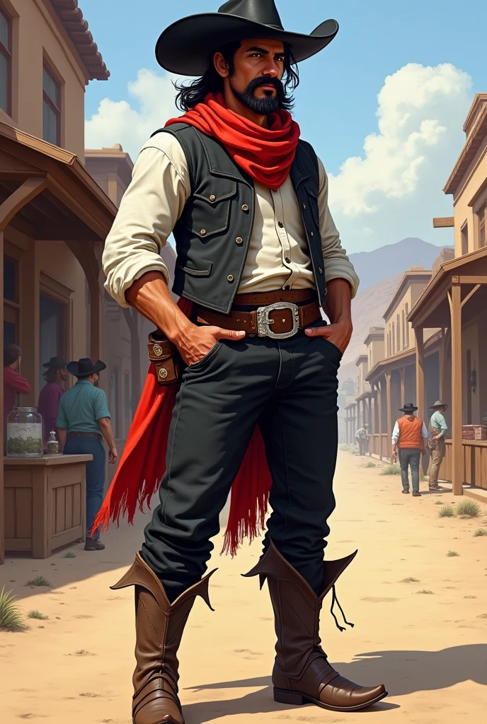 Create a full body art of a well-groomed adult Mexican street vendor with long, messy dark hair and a well-groomed mustache and goatee. He wears a dark vest and a plain white shirt. He wears a black hat. He wears black pants with a buckle and leather boots with spurs. A red scarf is wrapped around his neck and boots with spurs. and his hands are in his pockets. The character should be styled in a fantasy RPG art style, set in the Wild West. He is a mature man and finished art.