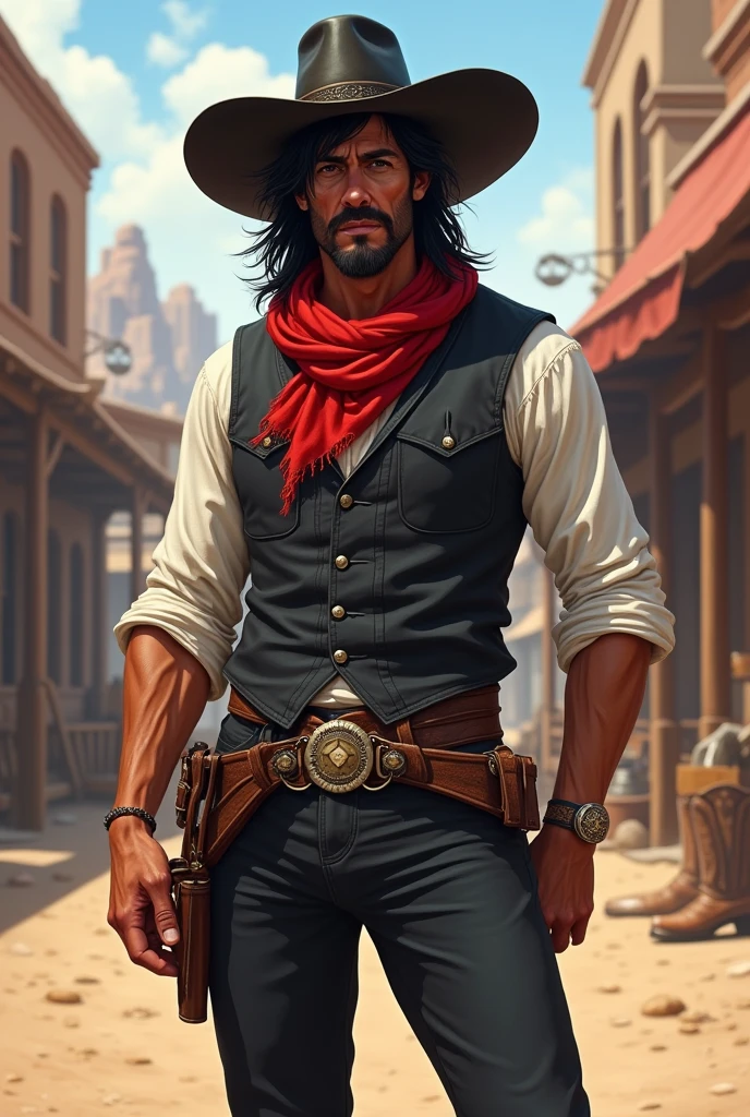 Create a full body art of a well-groomed adult Mexican street vendor with long, messy dark hair and a well-groomed mustache and goatee. He wears a dark vest and a plain white shirt. He wears a black hat. He wears black pants with a buckle and leather boots with spurs. A red scarf is wrapped around his neck and boots with spurs. and his hands are in his pockets. The character should be styled in a fantasy RPG art style, set in the Wild West. He is a mature man and finished art.