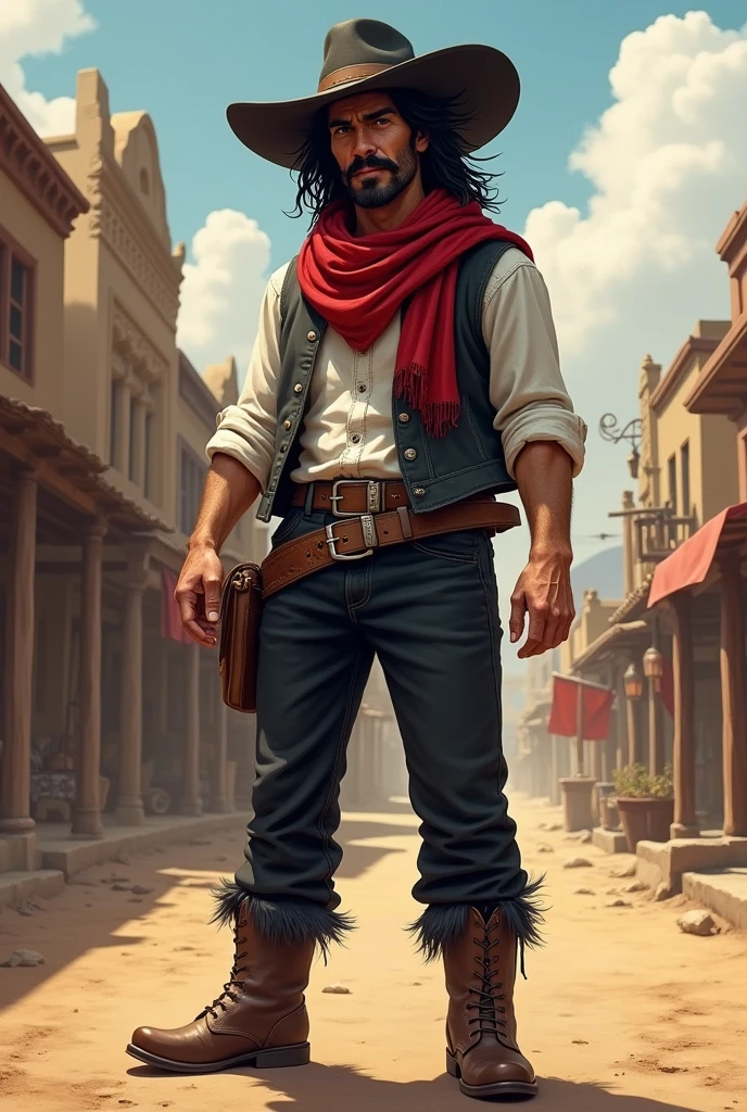 Create a full body art of a well-groomed adult Mexican street vendor with long, messy dark hair and a well-groomed mustache and goatee. He wears a dark vest and a plain white shirt. He wears a black hat. He wears black pants with a buckle and leather boots with spurs. A red scarf is wrapped around his neck and boots with spurs. and his hands are in his pockets. The character should be styled in a fantasy RPG art style, set in the Wild West. He is a mature man and finished art.