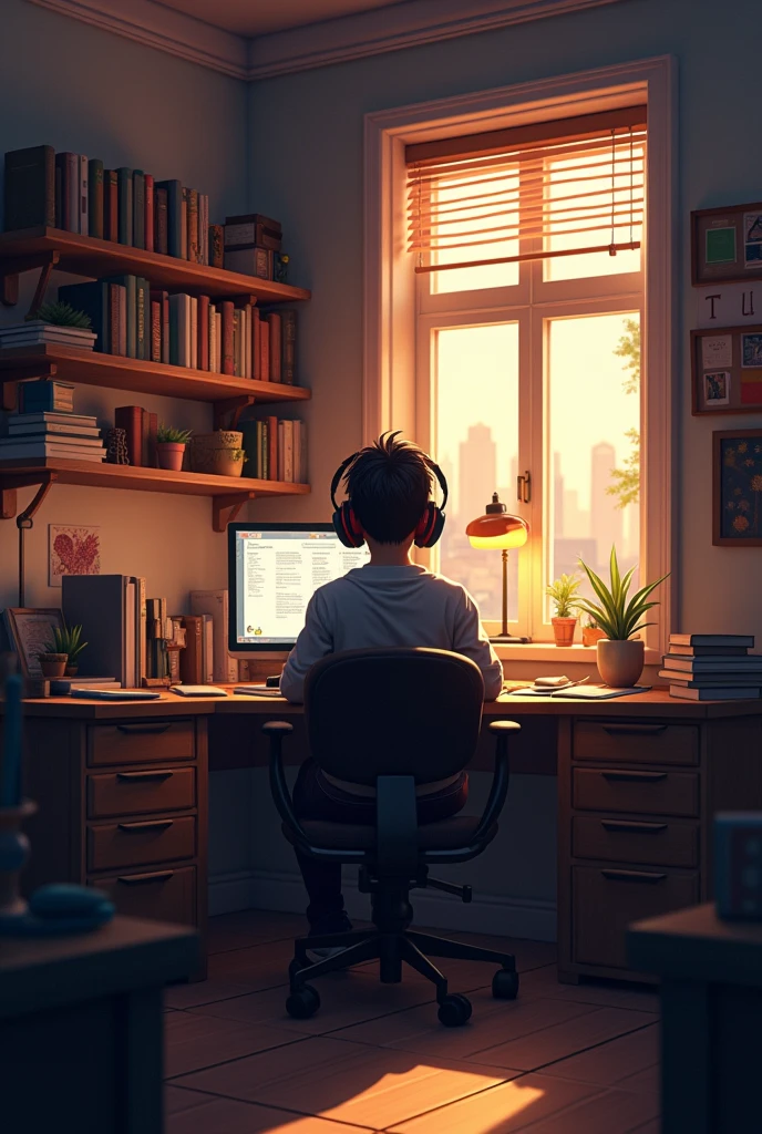 character siting at a desk with headphones on in a crazy room with warm lighting. The room should have elements such as books, decoration and a window showing either a citvscane or nature.
The atmosphere should be calm and inviting suitable for studying or relaxing include soft shadows to enhance the warmth of the scang