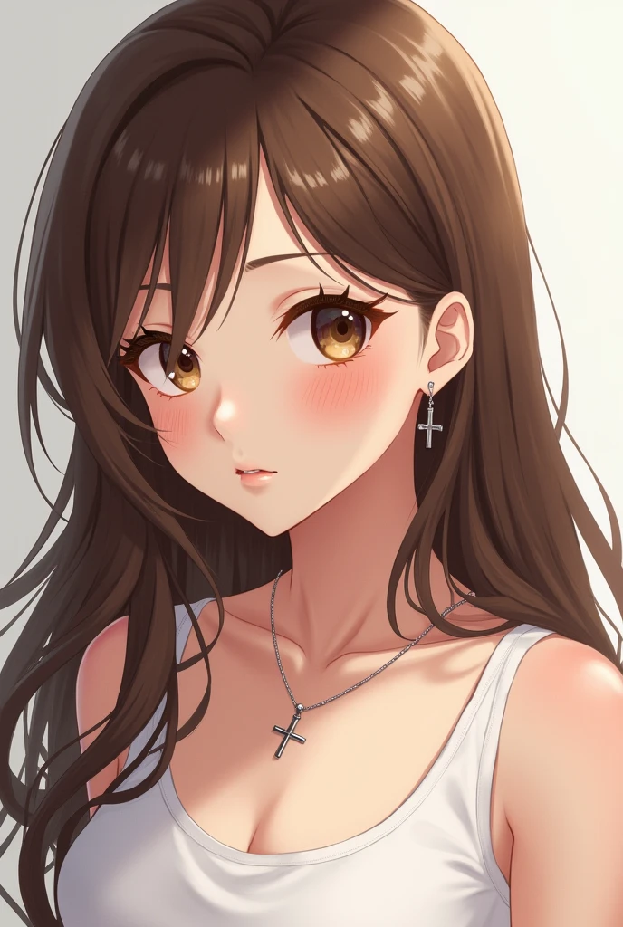 Manga character girl long brown hair with brown eyes white tank top silver Christian cross around the neck and silver ear pendant