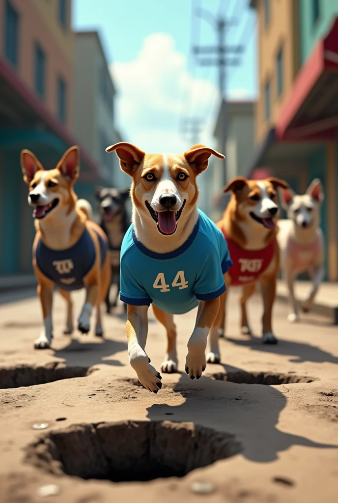 several dogs walking on the street full of holes with a blue shirt with the word 44 written on it in the city of Boca do Acre 