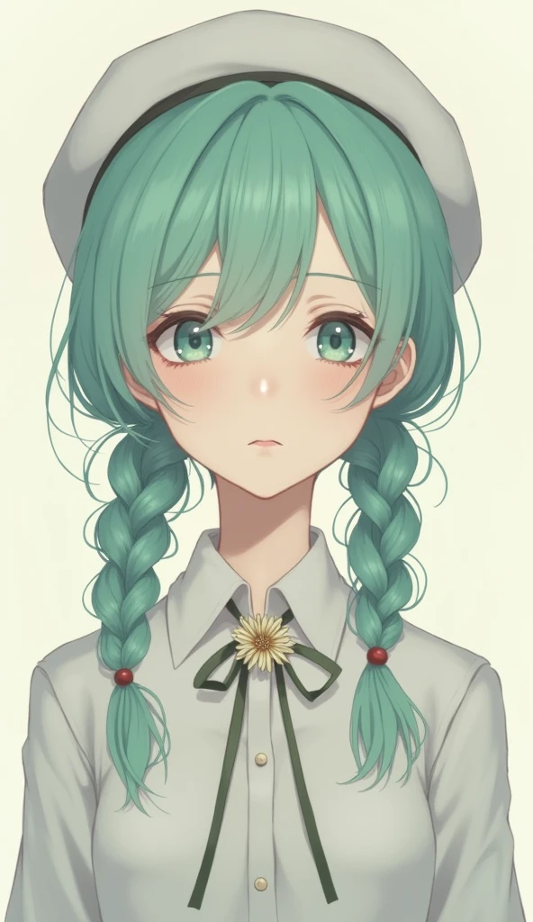 1girl, (bags under eyes:1.5), mint green hair, twin_braid, white beret, white shirt, flower necktie