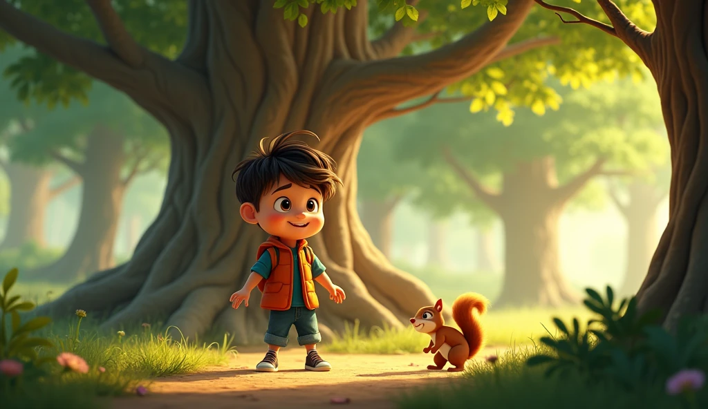 Boy image for YouTube video story in Pixar style, He is a little Alla Bester., He is the class leader., He is about to go out., Playful and curious about many things, short hair,The squirrel led Jack to a hidden grove, where a giant, ancient tree stood.