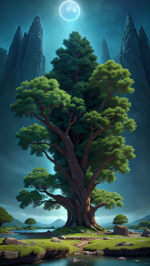 Illustration of a hyperrealistic , otherworldly, ultrasky scene featuring a giant crystal tree full body,very detailed and magical lighting, intricate forest details, vegetation and river around, solarpunk ,landscape, giant tree, beatifull leafy with beautiful lighting and realistic proportions, as if it were a cinematic background, 8k, highest quality, masterpiece, clouds and stars in the sky.