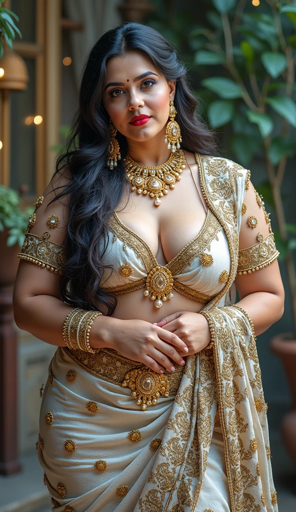 A beautiful plus-sized South Indian woman, 3, movie actress, hourglass figure, plump open cleavage, elegant, attractive, striking pose, gorgeous makeup, flowing hair, ornate jewelry, ornate dress, extremely detailed eyes and face, beautiful detailed eyes, beautiful detailed lips, long eyelashes, dramatic lighting, cinematic atmosphere, (realistic, photorealistic, photo-realistic:1.37), (best quality,4k,8k,highres,masterpiece:1.2),ultra-detailed