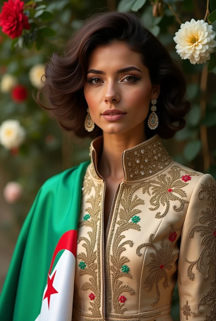 Woman wearing a decorated and embroidered jacket with the finest and most beautiful fashions, and on her shoulder the Algerian flag cloth in white, green and red, half background photo of a flower garden, close-up photo