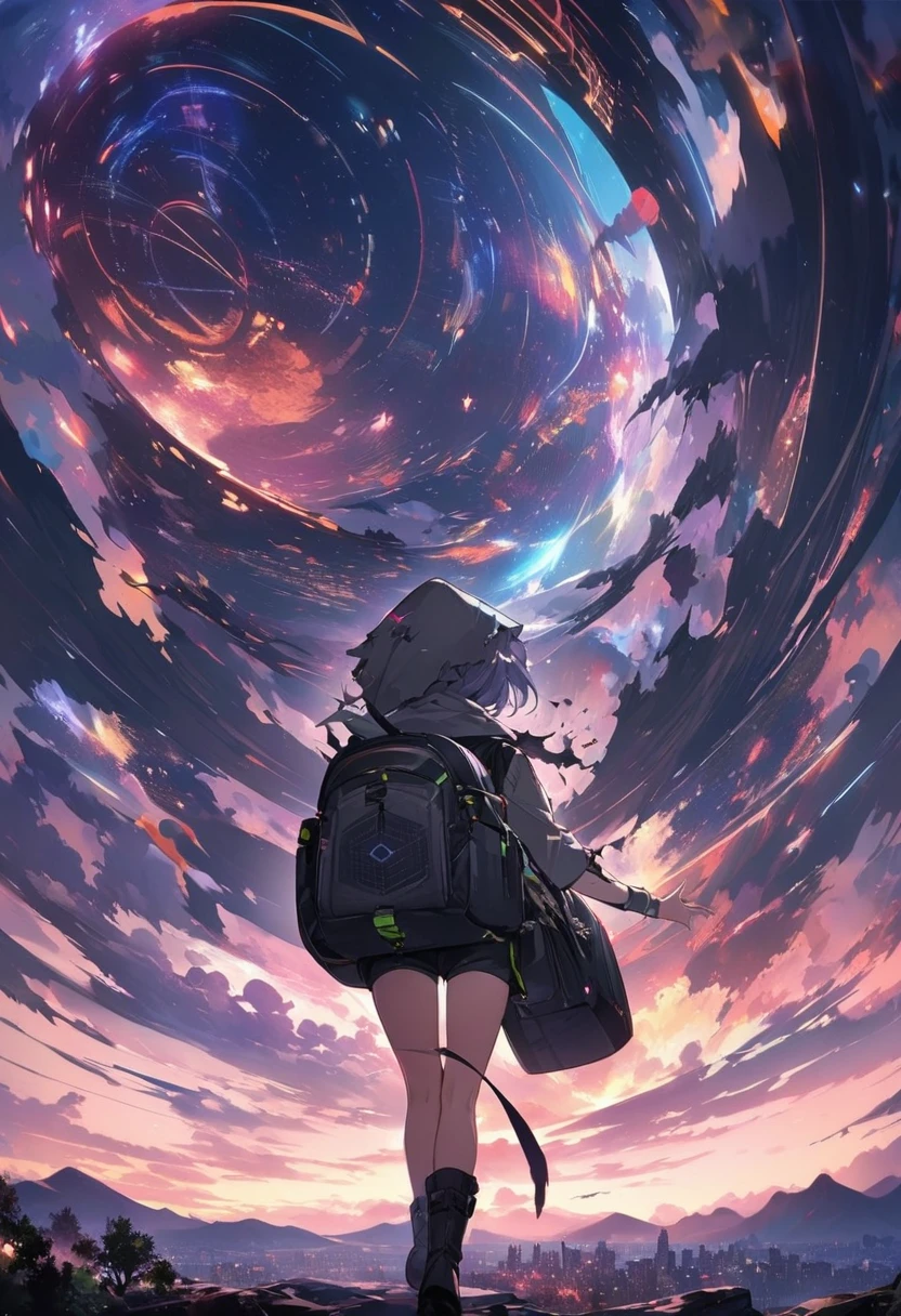 score_9, score_8_up, score_7_up, score_anime, masterpiece, top quality, delicate illustration, sharp lines, sharp focus, BREAK, a traveling girl wandering in the endless night world, the girl wears a hood and has a lot of stuff in her backpack, night , fantastic landscape, beautiful scenery, harmony with nature, spectacular view, futuristic city, (((torn clothes))), (((torn hood))),shorts,boots